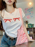 Ebbgo  Bow Embroidery Slim Short Sleeve T-Shirt Women's Summer Korean Style Y2k Crew Neck Short Top 90s Girls Streetwear