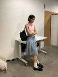 Ebbgo  Summer Pleated Skirt Women Girls Blue Jeans Midi Knee-length Denim Skirt A-line Long Skirt Y2k Korean Vintage Skirt