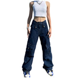 Ebbgo  American Vintage Blue Cargo Jeans Fashion High Waist Pocket Straight Pants High Street Y2K Baggy Wide Leg Denim Trouser Autumn