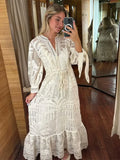 Ebbgo  -  Ruffle Jacquard Lace Long For Dress Women Hollow Out V-neck Long Lantern Sleeve Beach Dresses Summer Lady Commute Outfits