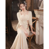 Ebbgo  -  Champagne dress satin long dinner evening dresses party gown floral  gala cocktail graduation H885