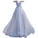 Ebbgo  -  Ball gowns Banquet dress Prom graduation Elegant lace sky blue embroidery Buttefly Princess Off-Shoulder dressesLAS462