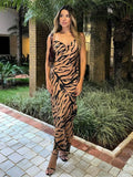 Ebbgo  Fashionable Leopard Print Split Long Dress For Women Summer Swing Collar Sleeveless Backless Dress 2024 Female Beach Vestidos