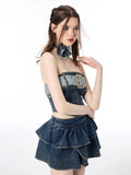 Ebbgo  -  Women's Summer Sexy 2 pcs Sets Off Shoulder Denim Tops+High Waist Pleated Jean Skirt Set