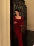 Ebbgo  -  Autumn New French Chain Wine Red Square Neck Long Sleeve Slimming Dress with Hip Wrapping Skirt