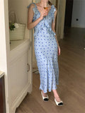 Ebbgo  S-M Korea Summer Holiday Long Printed Dress Women  OL Ruffles V-Neck Slim Sleeveless Chic Party New Sexy Gentle