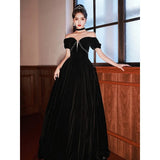 Ebbgo  -  Prom dresses gala ball dress black off-Shoulder velour dinner party evening gown black H221