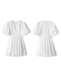 Ebbgo  -  Embroidered Puff Short Sleeved White Dress Women Elegant V-neck Ruffles High Waist Dresses Summer A-line Streetwear  ﻿ ﻿