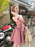 Ebbgo  -  Japanese Lolita Party Mini Plaid Dress Women 2000s Vintage Evening Short Dress Office Lady Frocks Japanese Fairy Kawaii Clothing