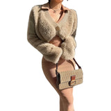 Ebbgo  -  Sexy V-Neck Plush Coat Short Top Imitation Mink Hair Cardigan Women Fashion Plush Casual Sweater Korean Elegant Faux Fur Teddy