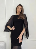 Ebbgo  Elegant Patchwork Solid Pleated Maxi Dress Women Fashion Round Collar Trumpet Sleeves Dresses 2024 Spring Casual Club Party Robe