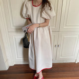 Ebbgo  Korean Chic Summer  Round Neck Robe  Contrast Color Lace Bow Polka Dot Puff Sleeve Women Midi Dress