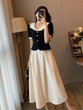 Ebbgo  -  Summer New Elegant Sets Vintage Short Sleeve Blouse+High Waist Midi Skirts 2 Pieces Suits Casual Korean Office Ladies Suits