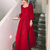 Ebbgo  -  Evening dresses red long sleeve dinner dress party ball gown host's fishtail star shining h333