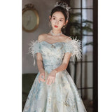 Ebbgo  -  Dinner dress feather satin party evening gown blue birthday homecoming dresses formal occasion H283