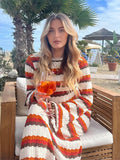 Ebbgo   -  Summer Knitted Stripe Maxi Dress Women Crochet Sheer Flare Sleeve Party O-neck Dresses Sexy Backless Beach Holiday Street Robes