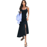 Ebbgo  Black Women Pleated Suspender Dress 2024 Summer Slit Slim Sleeveless Dress Fashionable And Sexy Backless Solid Color Long Skirt