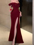 Ebbgo  -  Sexy Bodycon Long Dresses for Women Wedding Evening Party Prom Robe Ruffles Slash Neck High Split Hollow Out Summer New Vestido