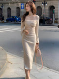 Ebbgo  Elegant Solid Knitted Dress Women Long Sleeve Square High Slit Design Autumn Winter Base Midi Dresses Korean Fashion Vestidos