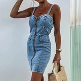 Ebbgo  -  Women's Casual V Neck Slim Short Dress New Summer Spaghetti Strap Zipper Denim Dress Sexy Sleeveless Wrap Club Party Dress