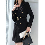 Ebbgo  -  Spring Autumn Women Elegant Fashion Notched Collar Belt Blazer Dress Office Lady Black White Long Sleeve Slim Mini Dresses