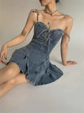 Ebbgo  Women A-line Mini Denim Dress Y2k Vintage Elegant Lace-up Off Shoulder One Piece Frocks Luxury Jean Dresses 2000s Clothes Summer