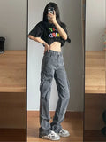 Ebbgo  High Waist Shot Gray Trousers Cargo Straight Leg Pants for Woman with Pockets Women's Jeans A Summer Emo Loosefit Grunge Y2k R Z