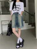 Ebbgo  Loose Women Half Pants OL Tie-Dying Jeanswear Office Lady 2023 Mujer Chic Summer Casual Straight Denim New Shorts