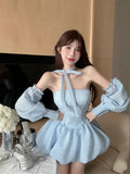 Ebbgo  Sweet Slash Neck Strapless Fluffy Dress Women Fashion Collarbone Cuff Stripe Spicy Girl Korean Fashion Slim Summer Party Wear