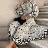 Ebbgo  -  Retro Elegant Stand Collar Long Dress Women Spring Pattern Print Belted Buckle Party Dress Autumn Long Sleeve A-Line Boho Dress