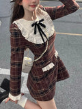 Ebbgo  -  Plaid Patchwork French Vintage Dress Women Bow College Style Sweet Mini Dress Female Ruffles Korean Designer Dress Autumn