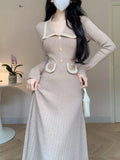 Ebbgo  -  Winter Knitting Midi Dress Women Autumn Winter Long Sleeve Turn Down Collar Button Sweater Dress Korean Female Jumper