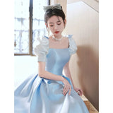 Ebbgo  -  Princess Satin dress Evening Dresses Blue Satin puff sleeve gala Party Ball Gown L0732