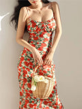 Ebbgo  -  Summer New Rose Floral Printed Midi Dress French Style Women's Spaghetti Strap Slim Waist Backless Vestidos Elegant Party Robe