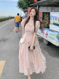 Ebbgo  -  Summer Chiffon Fairy Dress Women Solid Elegant Party Midi Dress Female Casual Korean Fashion Designer One Piece Dress New