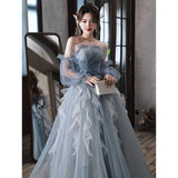 Ebbgo  - Elegant Blue Prom Gown Women's Strapless Slim Fit Design Floor Length Detachable Ruffle Edge Mesh Sleeve Quinceanera Vestido