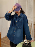 Ebbgo  -  Denim Shirt Women Casual Loose Solid Vintage Fashion Pocket Top Female Spring New Long Sleeves Chic Shirts Lady