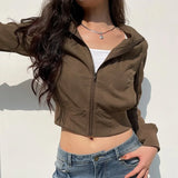 Ebbgo  American Retro Brown Turtleneck Zippered Jackets Y2k Fashion Slim Fit Coat Women 2024 Spring New Long Sleeve Tops Mujer