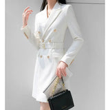 Ebbgo  -  Spring Autumn Women Elegant Fashion Notched Collar Belt Blazer Dress Office Lady Black White Long Sleeve Slim Mini Dresses