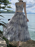 Ebbgo  -  Summer Casual Skirt 2 Piece Sets Women Elegant Sleeveless Crop Top Hight Waist A-line Skirt Outfits Holiday Boho Suit Clothing