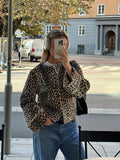 Ebbgo  -  fall outfit Fashion Leopard Printed Round Neck Jacket Women Elegant Single Breasted Long Sleeve Short Coats New Lady Street Outerwear