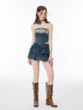 Ebbgo  -  Women's Summer Sexy 2 pcs Sets Off Shoulder Denim Tops+High Waist Pleated Jean Skirt Set