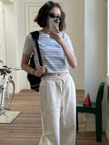 Ebbgo  Fashion Contrast Color Striped O Neck T-Shirt Summer Casual Y2k Aesthetic Crop Top Streetwear Grunge Korean Tee Shirts for Women