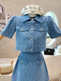 Ebbgo  -  Summer New Street Fashion Women's Suit With Skirt Denim Short Sleeve Top Sweet Girl Female Blue Plaid Skirt 2 Piece Set