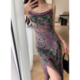 Ebbgo  Summer Sexy Vintage Spaghetti Strap Women Dress High Quality Elegant Floral Purple Slim Maxi Party Beach Vestidos Female Mujers