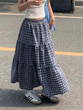 Ebbgo   Vintage Ruffled Plaid Long Skirts Womens Spring Summer Streetwear Casual Sweet Elastic Waist A-Line Skirts 2024 New