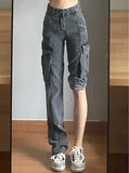 Ebbgo  High Waist Shot Gray Trousers Cargo Straight Leg Pants for Woman with Pockets Women's Jeans A Summer Emo Loosefit Grunge Y2k R Z