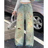 Ebbgo  Women Blue Ripped Jeans High Waist America Feeling Street Wide Leg Pants Y2K Vintage Ins Straight Baggy Plus Size Denim Trousers