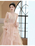 Ebbgo  -  Evening Dresses Gala For Women Party Banquet Host Pink Princess Long Sleeve Embroidery Flower Fairy Dress H800