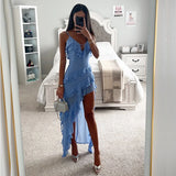 Ebbgo  -  Chic Ruffles Slim Bodycon Hollow Dresses Women Summer Holiday Beach Long Dress Spaghetti Strap Asymmetry Sexy Party Dresses